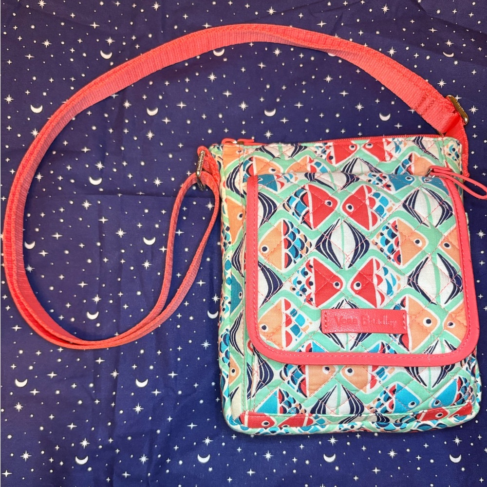 Vera Bradley Geometric Pink and Blue Crossbody Bag “FISH PATTERN”